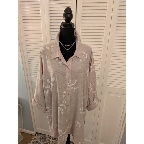 Susan Graver Shirt Women's 3X Beige White Floral Linen Blend Top Blouse Coastal - Picture 1 of 11